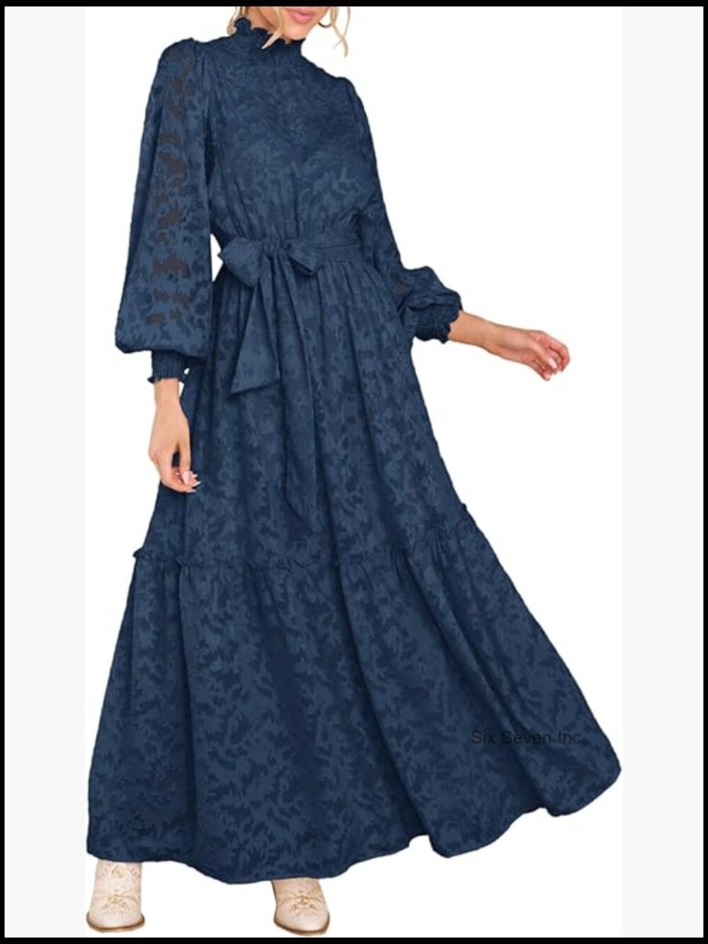 Floral High Neck Long Sleeve Elastic Waist Formal Maxi Dress with Belt